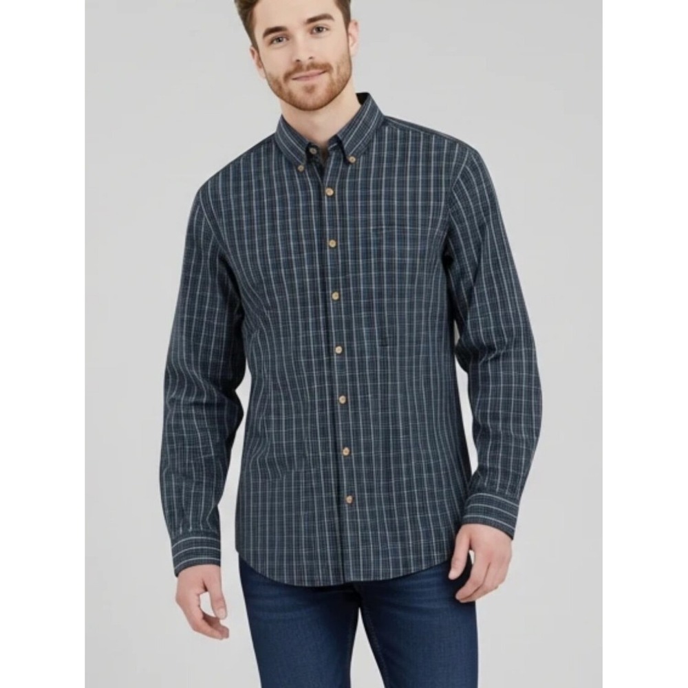 Eddie Bauer Mens XLT Relaxed Fit Navy Blue Plaid Cotton Long Sleeve Button Down
